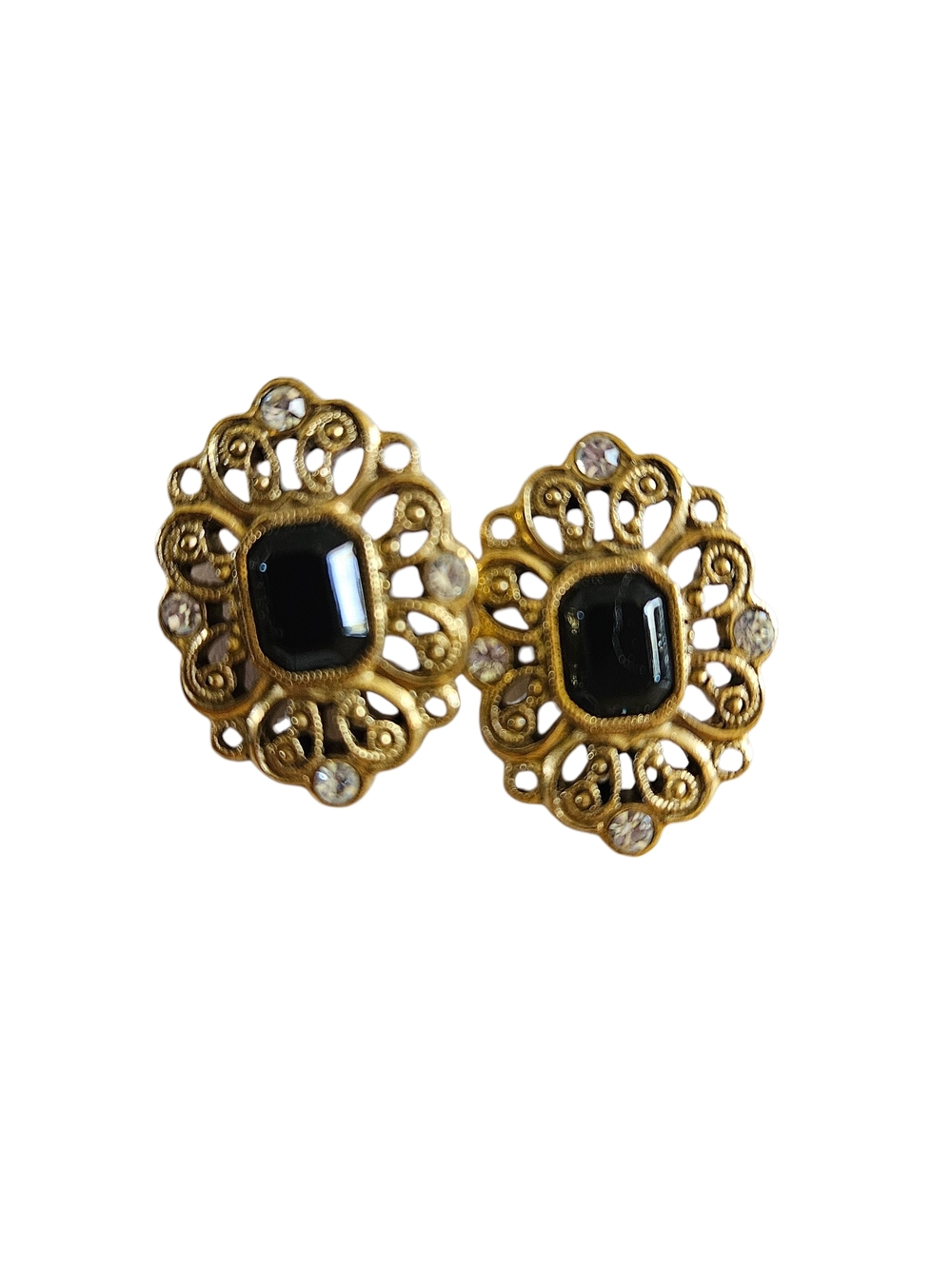 1928 Jewelry Vintage Gold Tone Black Stone Filigree Earrings - Picture 2 of 2